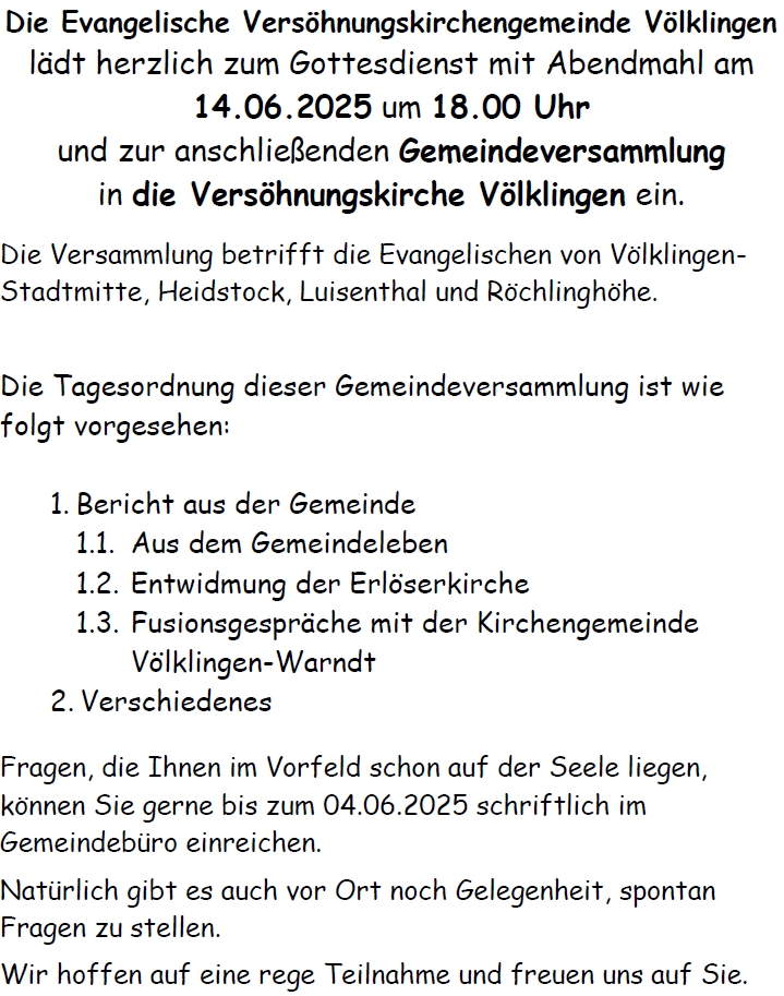 Gemeindeversammlung am 14.06.2025 um 18 Uhr