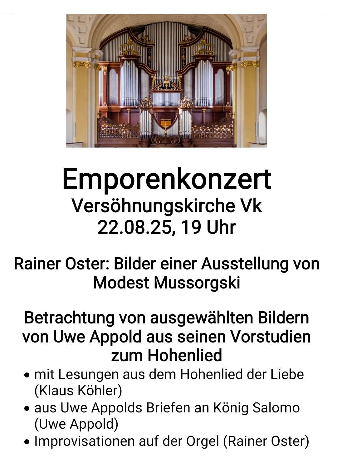Emporenkonzert am Freitag, 22. August 2025 um 19 Uhr in der Vershungskirche